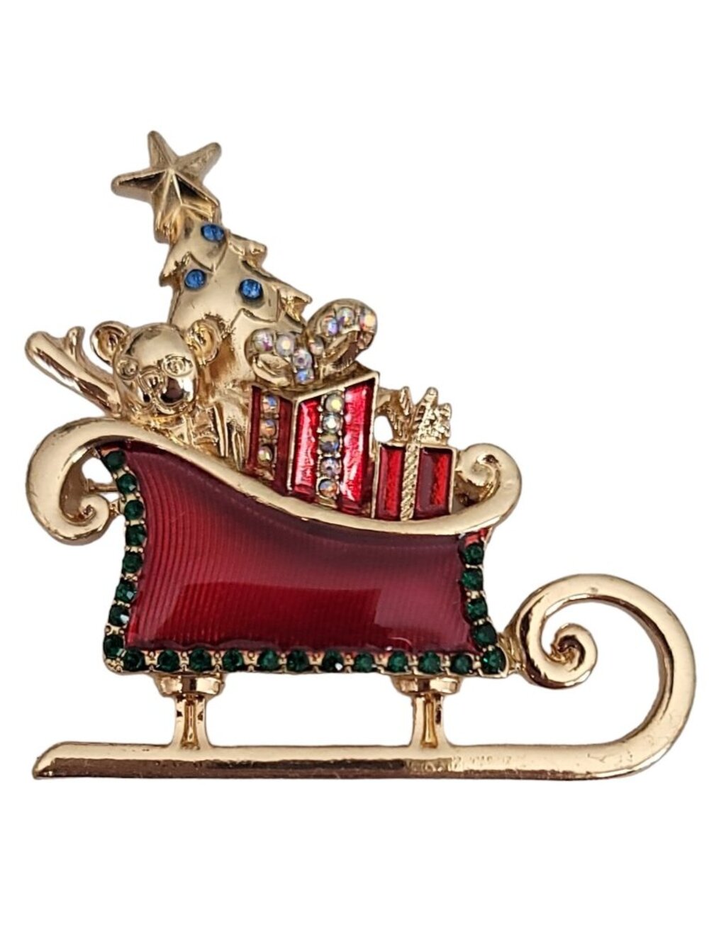Liz Claiborne Blue AB Rhinestone Red Enamel Santa Sleigh Brooch, Signed K572